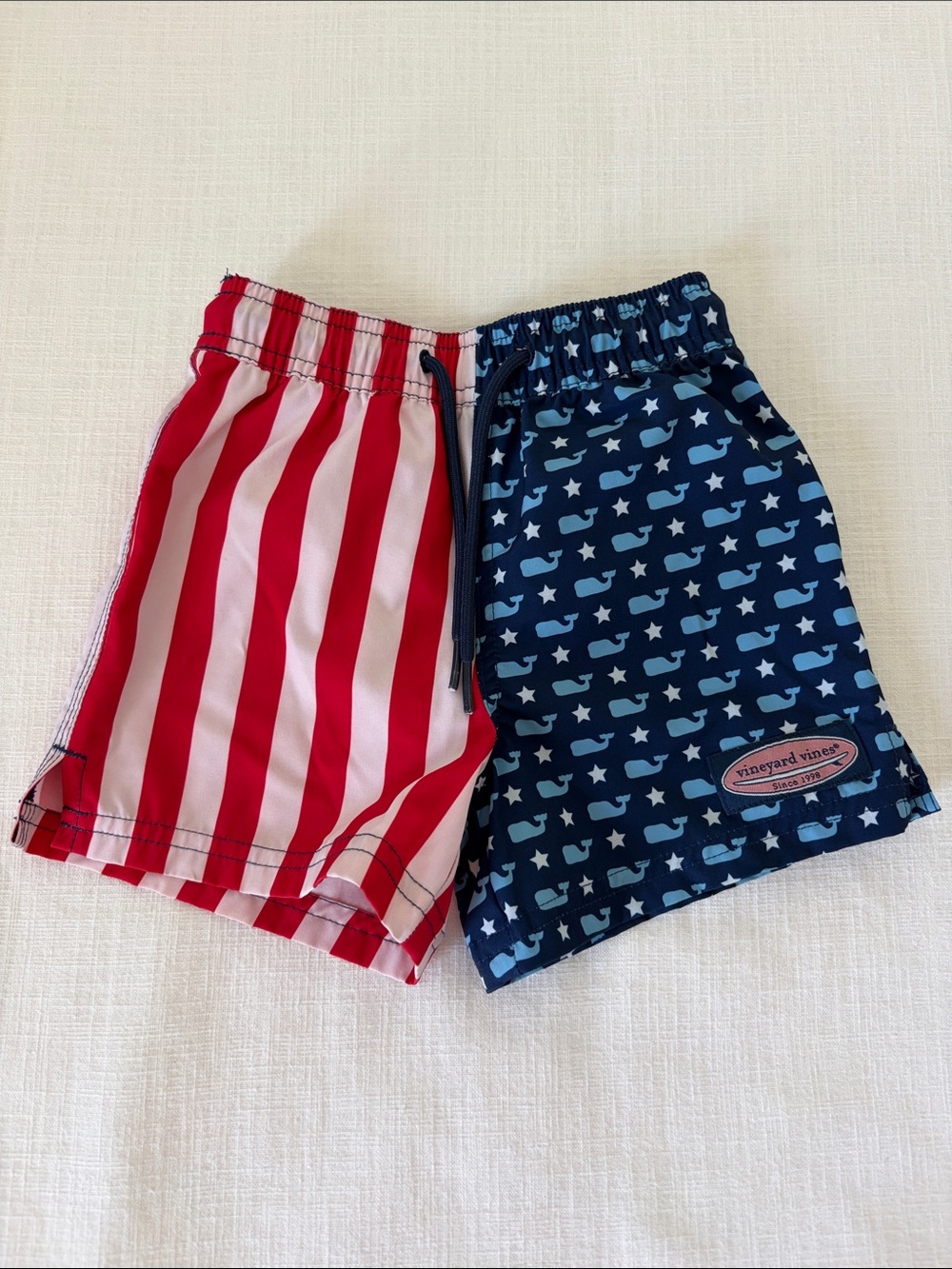 Vineyard Vines Red & Navy Whale and Stripe Kids Swim Shorts 2T